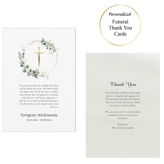 Tarjeta De Agradecimiento Guirnalda verde con funeral católico de la Cruz de (Subido por el creador)