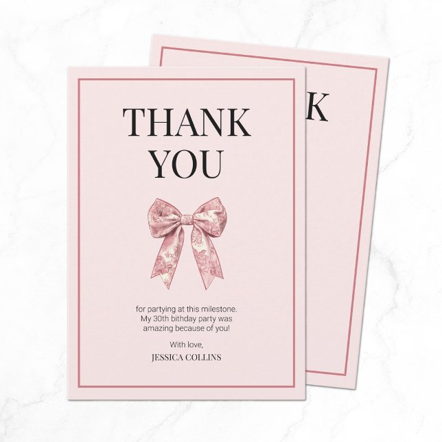 Tarjeta De Agradecimiento Habla 30 para mi chica rosada hace 30 años (Talk 30 to Me Pink Girly Bow Thirty Birthday Thank You Card)
