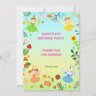 Tarjeta De Agradecimiento Hada del jardín con amigos mascotas Fiesta de cump