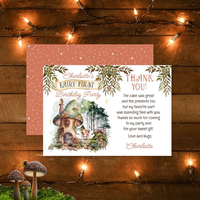 Tarjeta De Agradecimiento Hadas Primeros Animales Woodland hongos Primer cum (Fairy First Woodland Animals Mushrooms Girl's 1st Birthday Thank You Card)