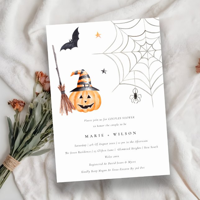 Tarjeta De Agradecimiento Halloween Calabaza Araña Parejas Web Ducha Invitac (Subido por el creador)