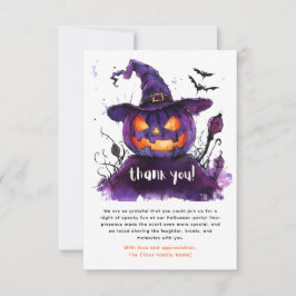 Tarjeta De Agradecimiento Halloween con color de agua morado Jack-O-Lantern