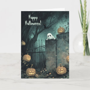 Tarjeta De Agradecimiento Halloween con fantasma y gato negro