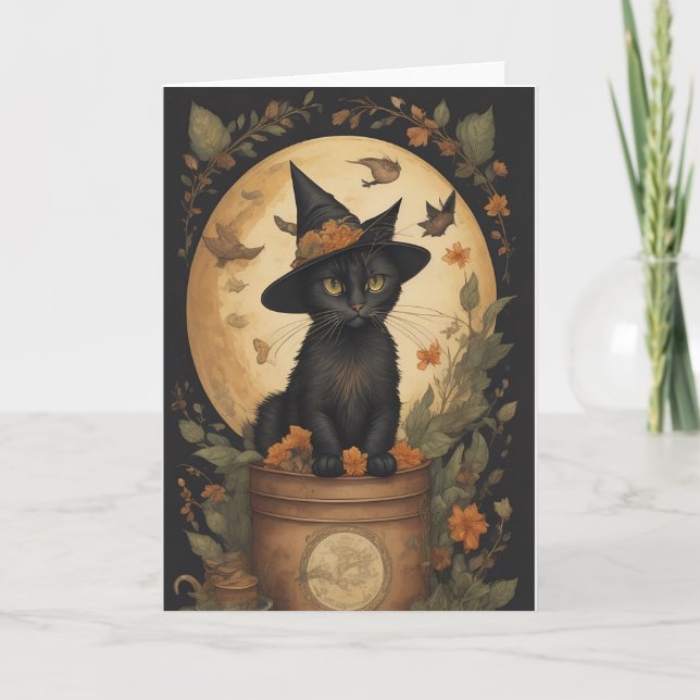 Tarjeta De Agradecimiento Halloween, gorra de brujas de gato negro (Anverso)