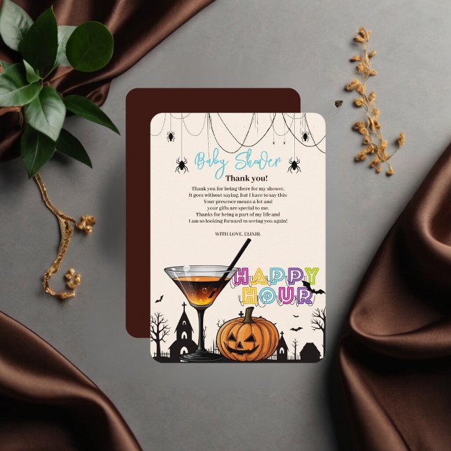 Tarjeta De Agradecimiento Halloween Happy Hour Pumpkin Cocktail Baby Shower (Subido por el creador)
