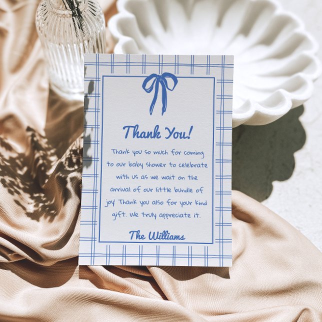 Tarjeta De Agradecimiento Hand Drawn Blue Bow Gingham Bow Baby Shower   (Subido por el creador)
