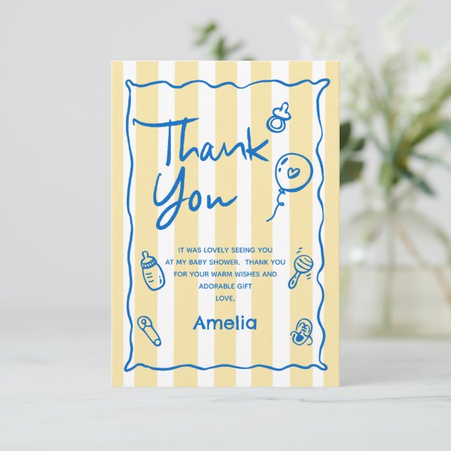 Tarjeta De Agradecimiento Hand Drawn Blue Yellow Ciao Baby Thank You Card (Anverso de pie)
