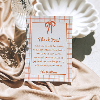 Tarjeta De Agradecimiento Hand Drawn Orange Gingham Bow Neutral Baby Shower 