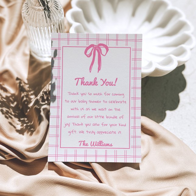 Tarjeta De Agradecimiento Hand Drawn Pink Gingham Bow Girl Baby Shower  (Subido por el creador)