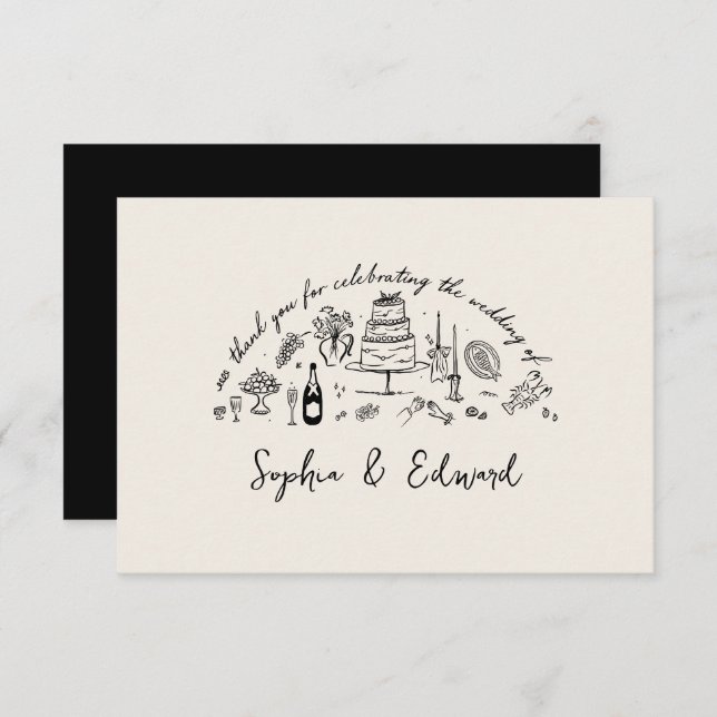Tarjeta De Agradecimiento Hand-drawn whimsical line art wedding style (Anverso / Reverso)