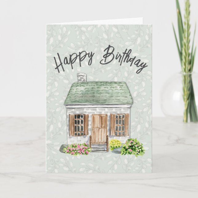 Tarjeta De Agradecimiento Happy Birday Business Watercolor House (Anverso)