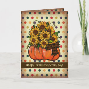 Tarjeta De Agradecimiento Happy Friendsgiving Day!   Pumpkin and Sunflowers