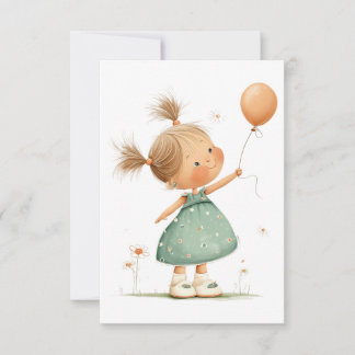 Tarjeta De Agradecimiento Happy Girl with Balloon Watercolor