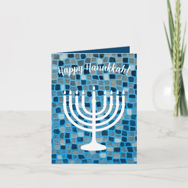 Tarjeta De Agradecimiento Happy Hanukkah Menorah Blue Mosaic Ornamcard Card (Anverso)