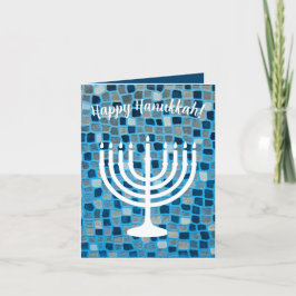 Tarjeta De Agradecimiento Happy Hanukkah Menorah Blue Mosaic Ornamcard Card