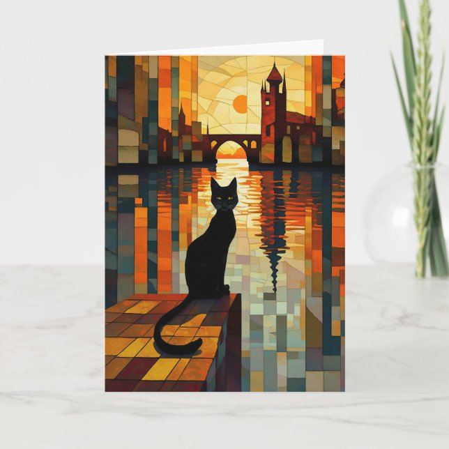 Tarjeta De Agradecimiento Harbour Sunset: La mirada de un gato negro (Anverso)