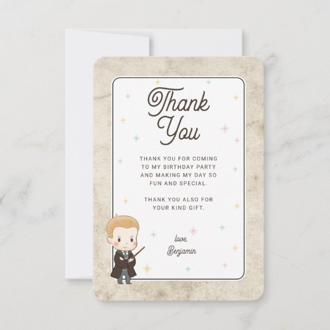 Tarjeta De Agradecimiento Harry Potter Chibi Draco Malfoy Mago Cumpleaños (Anverso)