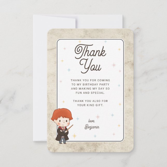 Tarjeta De Agradecimiento Harry Potter Chibi Ron Weasley Mago Cumpleaños (Anverso)