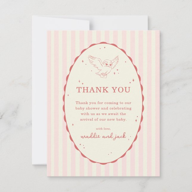 Tarjeta De Agradecimiento Harry Potter Hedwig Pink Stripe Baby Shower (Anverso)