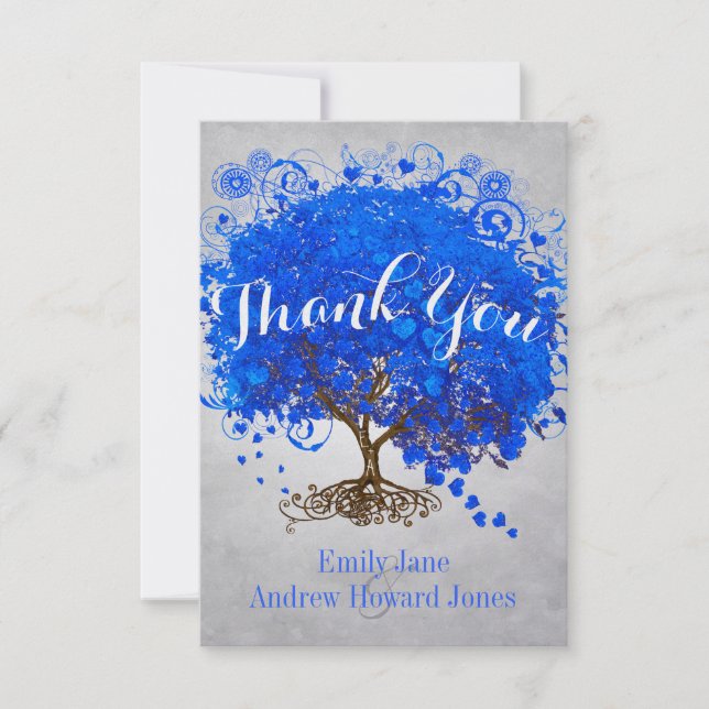 Tarjeta De Agradecimiento Heart Leaf Royal Blue Tree Gracias Boda (Anverso)