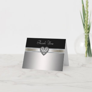 Tarjeta De Agradecimiento Heart Pearls Black Silver Gracias Cartas