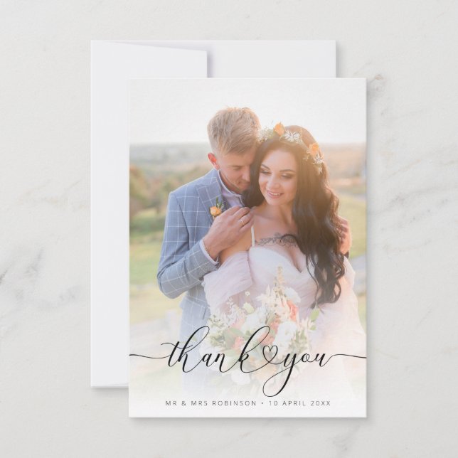Tarjeta De Agradecimiento heart script elegant wedding photo thank you (Anverso)