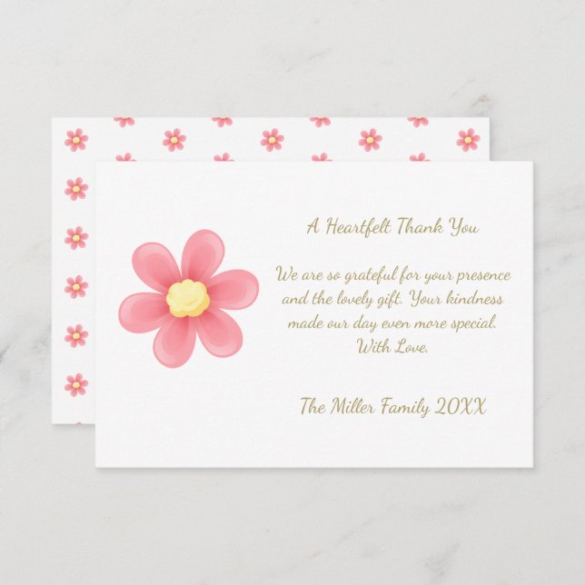 Tarjeta De Agradecimiento Heartfelt Thank You Card with Pink Daisy  (Anverso / Reverso)