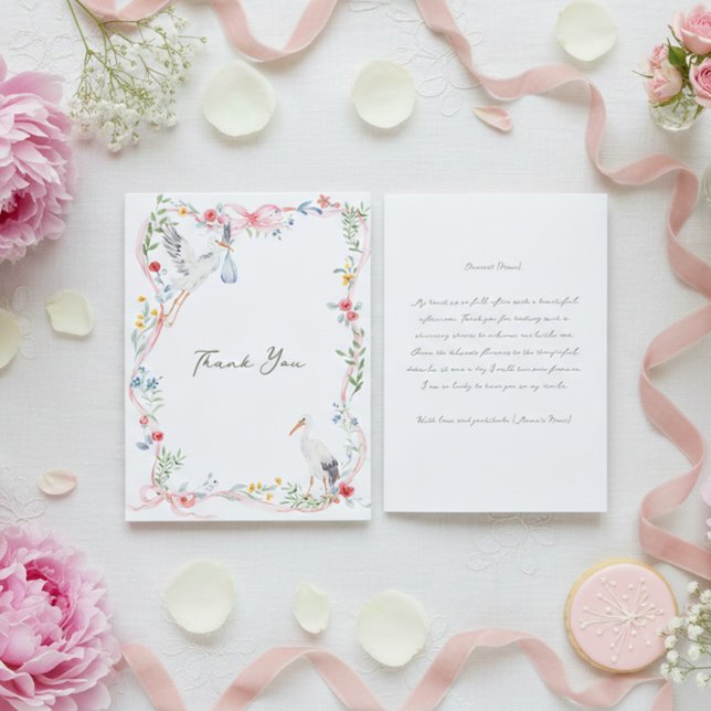 Tarjeta De Agradecimiento Heirloom Rose Ribbon and Stork Hostess (Subido por el creador)