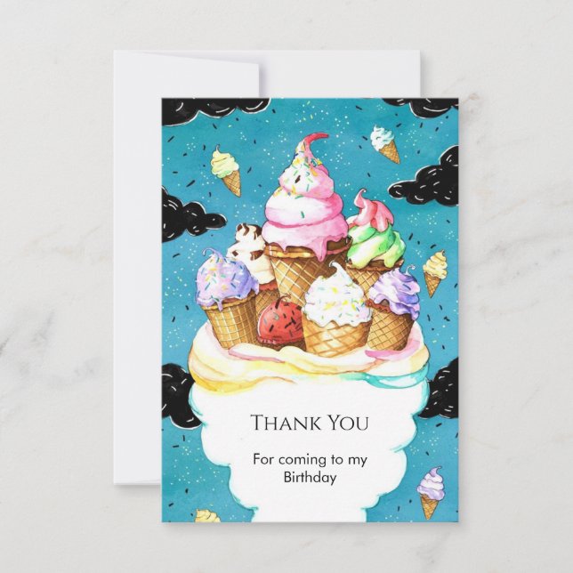 Tarjeta De Agradecimiento Helado Mágico Personalizado Acuarela Cumpleaños (Anverso)