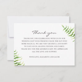 Tarjeta De Agradecimiento Helecho verde acuarela. Boda botánica verde