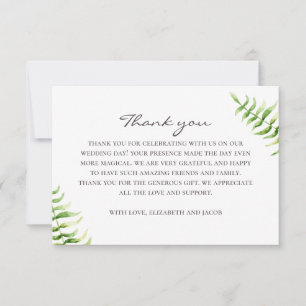 Tarjeta De Agradecimiento Helecho verde acuarela. Boda botánica verde