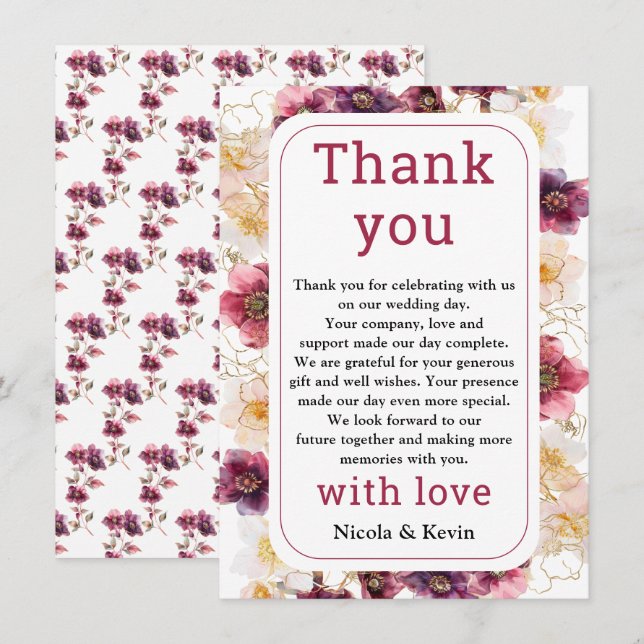 Tarjeta De Agradecimiento Hellebore Floral Burgundy Wedding Thank You (Anverso / Reverso)