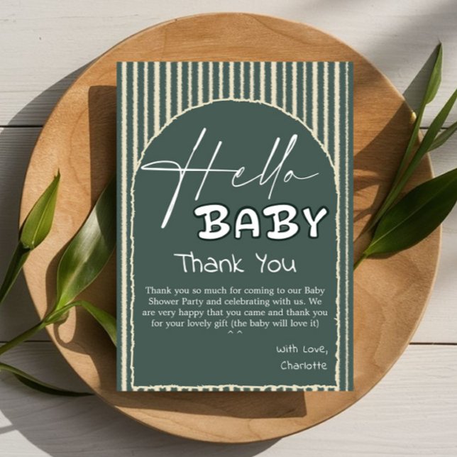 Tarjeta De Agradecimiento Hello Baby Dark Green Stripes Baby Shower (Subido por el creador)