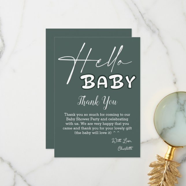 Tarjeta De Agradecimiento Hello Baby Elegant Dark Green Baby Shower (Anverso/Reverso In Situ)