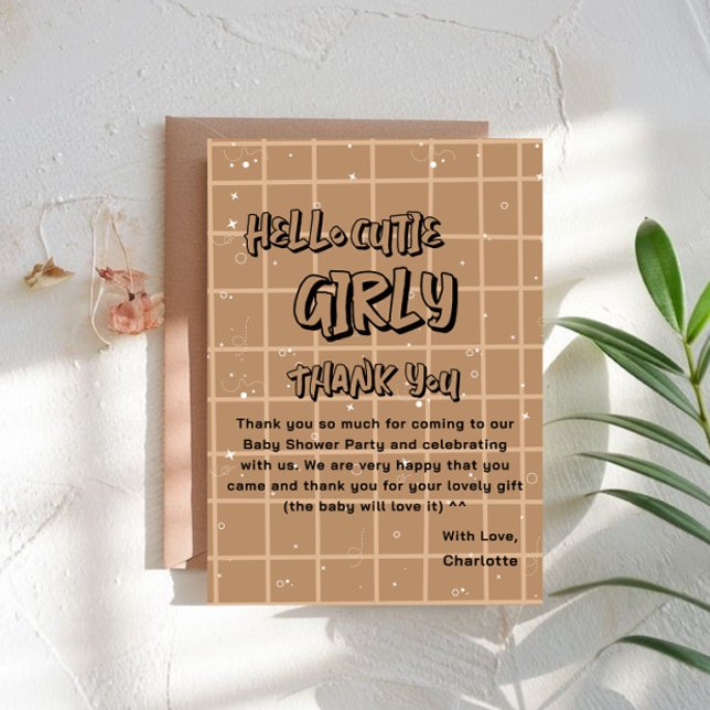 Tarjeta De Agradecimiento Hello Cutie Girly Cute Brown Gingham Baby Shower (Subido por el creador)