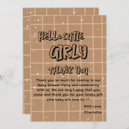Tarjeta De Agradecimiento Hello Cutie Girly Cute Brown Gingham Baby Shower