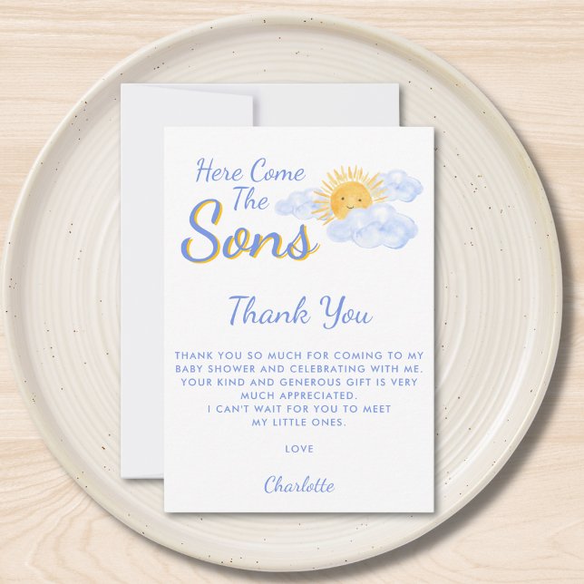 Tarjeta De Agradecimiento Here Come The Sons Twin Boy's Baby Shower (Subido por el creador)