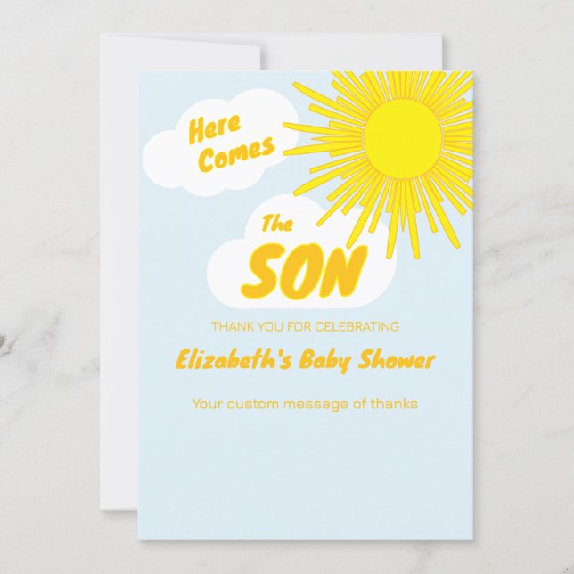 Tarjeta De Agradecimiento Here Comes The Son Boy Baby Shower (Anverso)