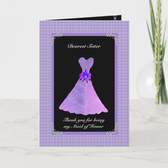 Tarjeta De Agradecimiento HERMANA Made Honor Gracias - PURPLE Gown (Anverso)