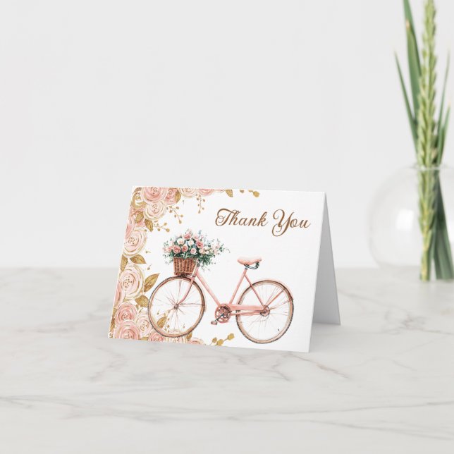Tarjeta De Agradecimiento Hermosa Baby Shower de bicicleta con flores rosada (Anverso)