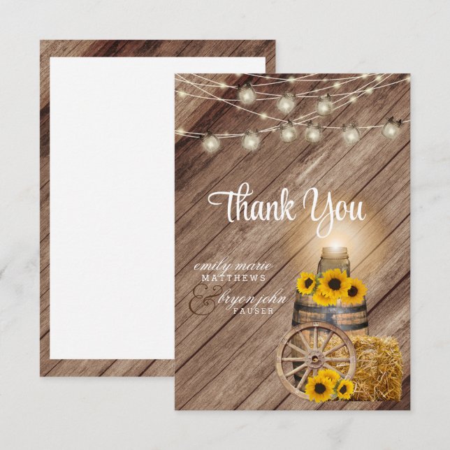 Tarjeta De Agradecimiento Hermosa barrica de madera rústica y girasoles (Anverso / Reverso)