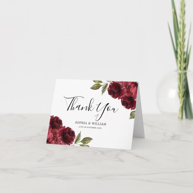 Tarjeta De Agradecimiento Hermosa Boda elegante de flores rojas de Borgoña (Anverso)