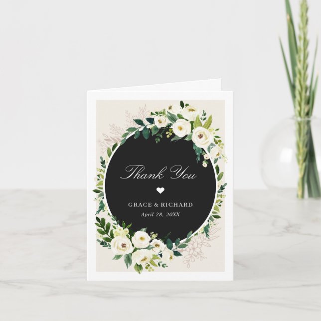 Tarjeta De Agradecimiento Hermosa Boda floral marfil-blanca verde (Anverso)