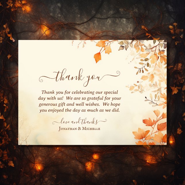 Tarjeta De Agradecimiento Hermosa boda otoño con hojas caídas (Front - Beautiful Autumn Leaves Fall Wedding Thank You Card)