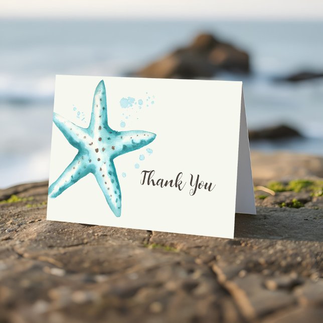 Tarjeta De Agradecimiento Hermosa Estrella de Mar Aqua Acuarela Despedida de (Aqua starfish bridal shower thank you card in coastal watercolor style. Great for seaside wedding!)