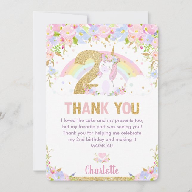 Tarjeta De Agradecimiento Hermosa floral arcoiris de segundo cumpleaños de U (Anverso)