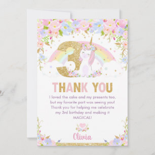 Tarjeta De Agradecimiento Hermosa floral de arcoiris de tercer cumpleaños de