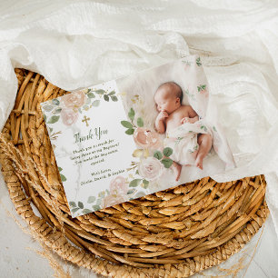 Tarjeta De Agradecimiento Hermosa floral neutra y cruz   Baptismo fotográfic