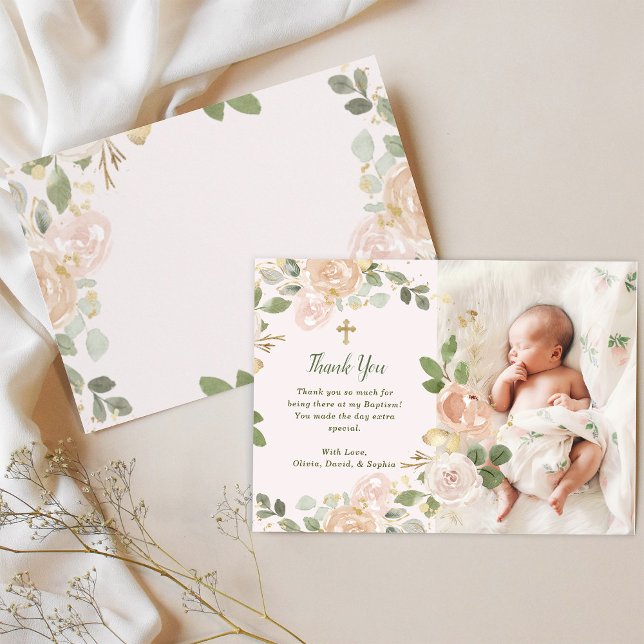 Tarjeta De Agradecimiento Hermosa floral neutra y cruz | Baptismo fotográfic (Subido por el creador)
