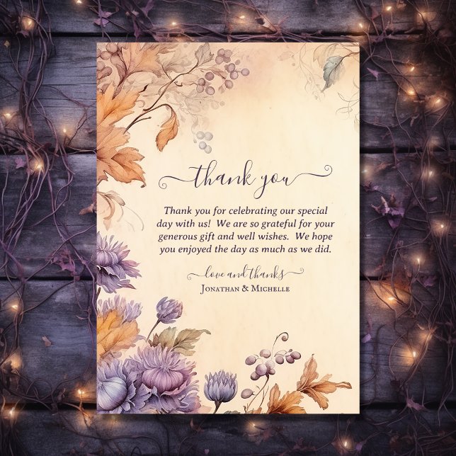 Tarjeta De Agradecimiento Hermosa Hoja de Otoño, Flor Vintage Boda de Otoño (Front - Beautiful Autumn Leaf, Flower Vintage Fall Wedding Thank You Card)